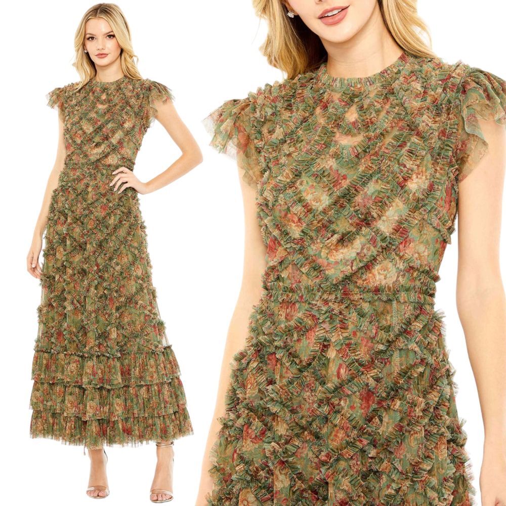 Mac Duggal High Neck Ruffle Cap Sleeve Floral Dress Green Multi Size 6